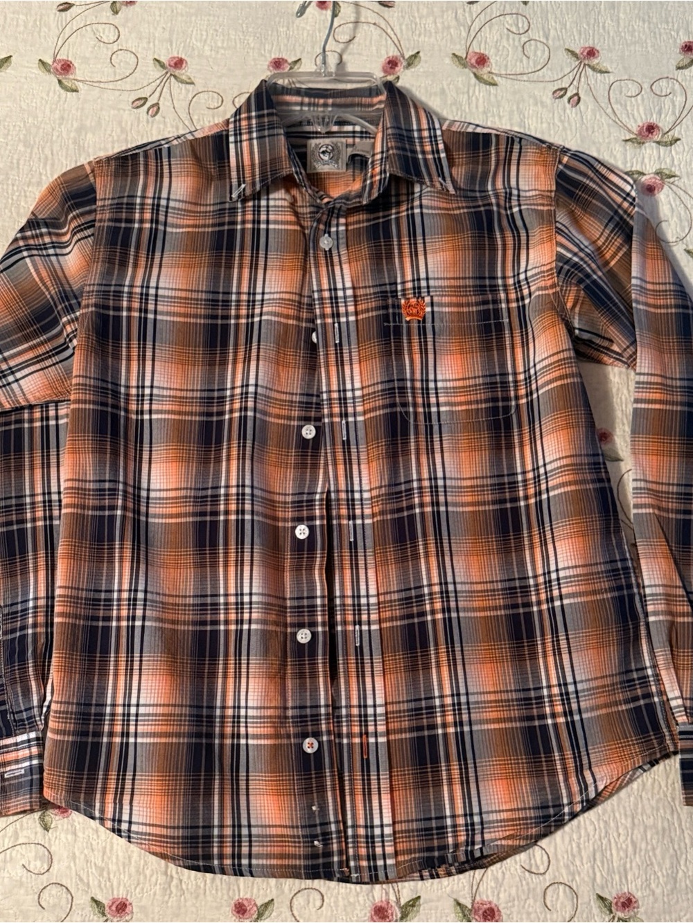Girl’s Cinch Large (12) Orange & Black Plaid Button-Down Shirt Western Rodeo